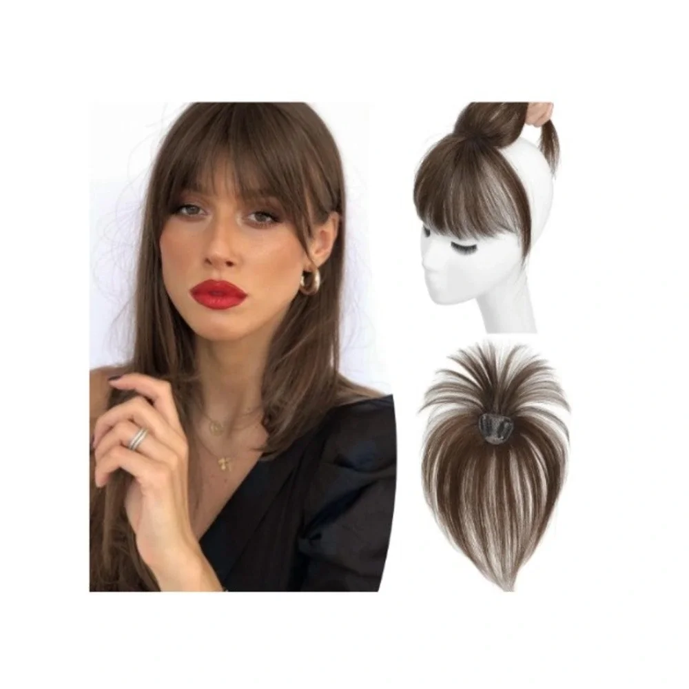 Clip In Bangs Remy Human Hair Topper Medium Brown 360 Wispy Bangs Brunette